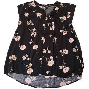 Buffalo David Britton Womens High Low Floral Flutter Sleeve Top Black Medium